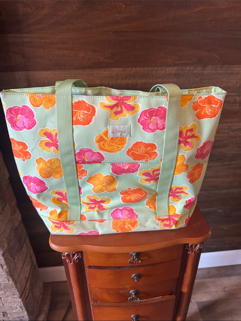 Mint Green Floral Tote with Pink & Orange Blooms